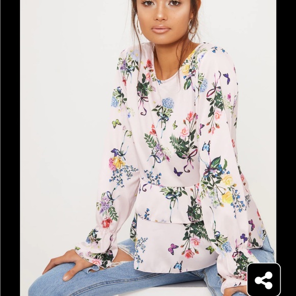 Pretty Little Thing Pale Pink Floral Butterfly Satin Peplum Blouse - Picture 1 of 9